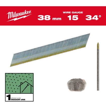 Milwaukee - Stiftnägel 15GA D-Kopf 38mm 34°...