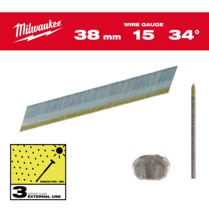 Milwaukee - Stiftnägel 15GA Edelstahl D-Kopf 38mm...