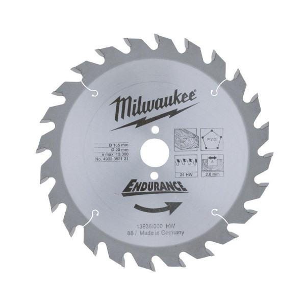 Milwaukee - Kreissägeblatt Holz für Handkreissägen 165/20 mm Z24 (4932352131)